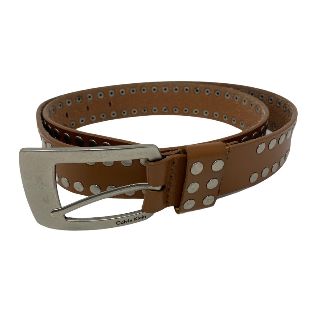 Calvin Klein Brown Leather Belt with White Flowers